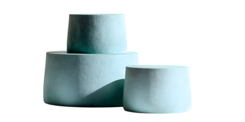 Three light blue textured pedestals isolated on transparent background