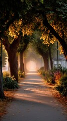 Autumn Avenue Silhouette with Soft Amber Glow