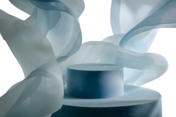 Translucent blue fabric flowing around a cylinder isolated on transparent background