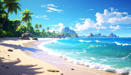 Animated tropical island scene with a bright blue sky, white clouds, and light-colored sand beach and turquoise waters