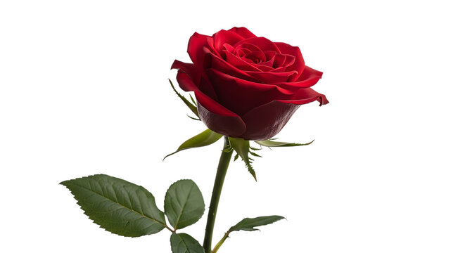 Detailed close-up of a single red rose with green leaves on a black background flower bloom isolated on a transparent background