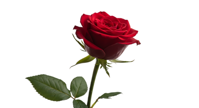 Detailed close-up of a single red rose with green leaves on a black background flower bloom isolated on a transparent background