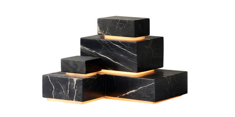 Black marble blocks with golden light, isolated on transparent background