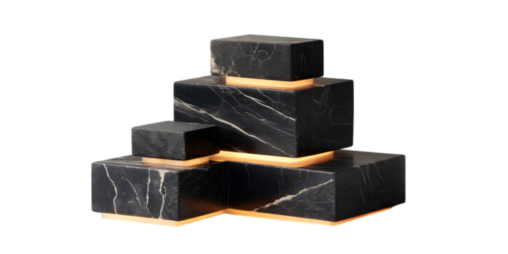Black marble blocks with golden light, isolated on transparent background