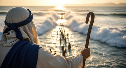 Moses Parting the Red Sea at Sunset Biblical Prophet with Staff Symbolizing Faith, Divine Guidance and Miraculous Deliverance