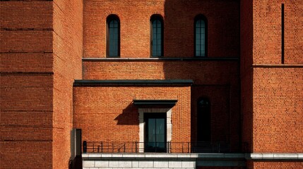Naklejka premium Elegant Classic Brick Building Facade with Arched Windows and Balcony