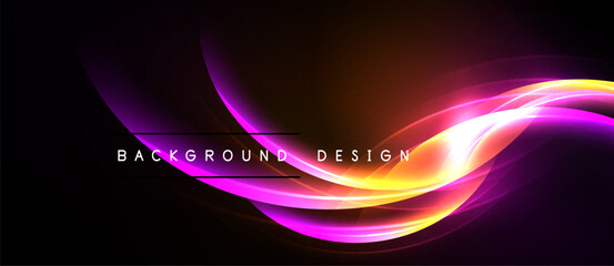 Abstract vibrant waves, orange, pink, purple hues. Dark background creates dramatic visual effect. Modern design element.