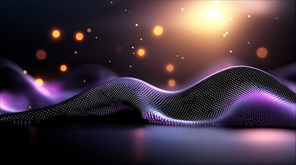 An abstract digital waveform made of tiny dots, illuminated with purple and pink light, set against a dark background with glowing orange bokeh and small white