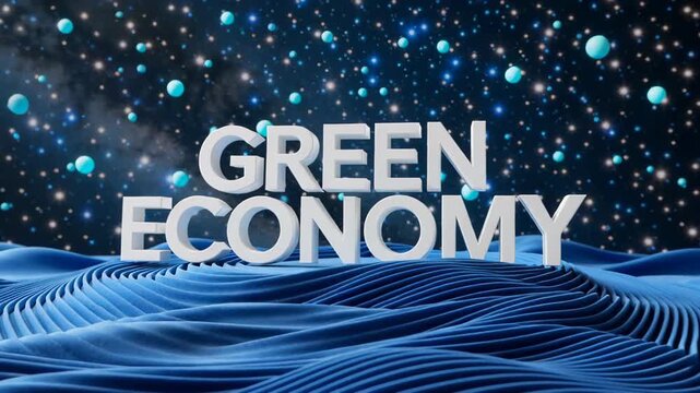 Dynamic visual of the words 'Green Economy' set against a starry background with abstract wave patterns