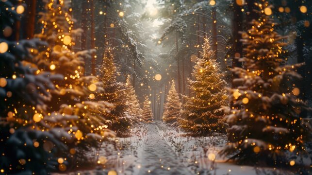 Magical forest with christmas trees and glowing lights