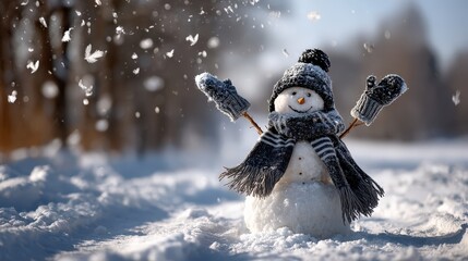 Happy snowman with black winter accessories raised arms in soft falling snow
