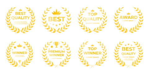 Set of golden medal icons featuring first-place award emblems, shiny victory ribbons, and premium ranking badges designed in a luxurious gold style perfect for competition graphics and achievement ill