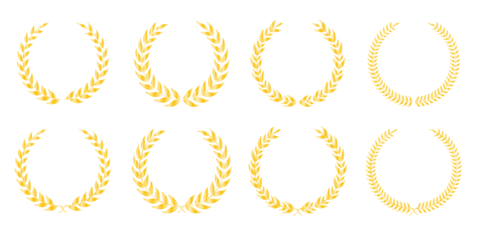 Golden laurel wreath emblem with elegant leaf detailing, shining victory frame, and premium award symbolism ideal for winner logos, corporate identity designs, and prestigious certificate branding
