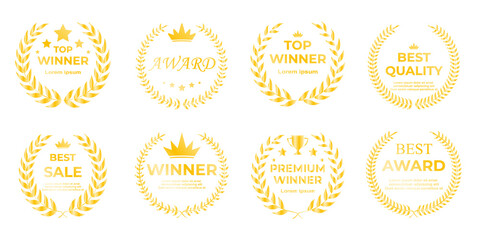 Golden sport award wreaths featuring radiant leaf crowns, top ranking symbols, and premium winner badges ideal for athletic competitions, champion recognition, and tournament branding graphics
