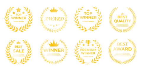 Golden sport award wreaths featuring radiant leaf crowns, top ranking symbols, and premium winner badges ideal for athletic competitions, champion recognition, and tournament branding graphics
