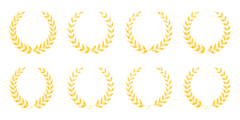 Golden sport award wreaths featuring radiant leaf crowns, top ranking symbols, and premium winner badges ideal for athletic competitions, champion recognition, and tournament branding graphics
