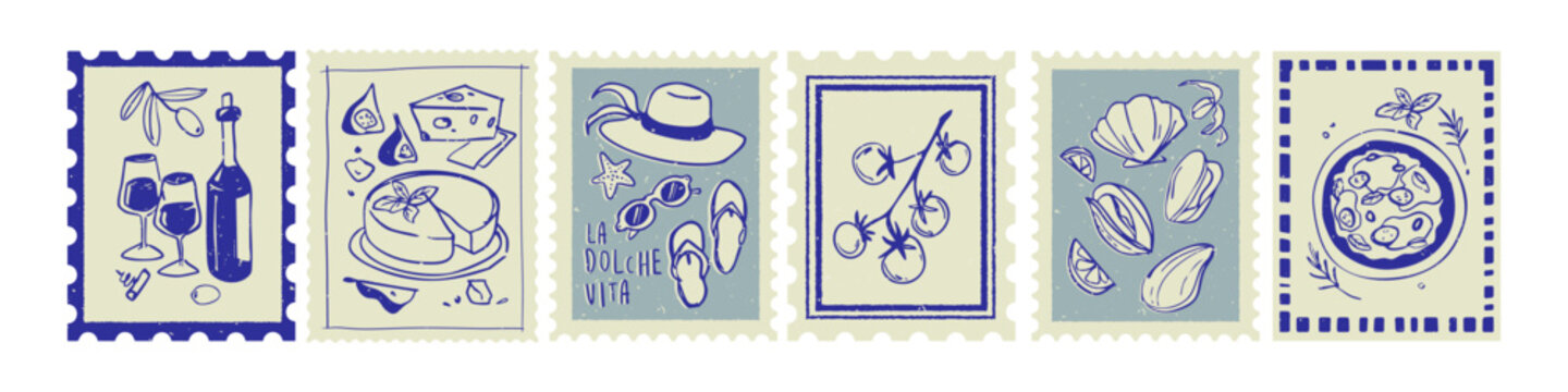 Italian summer stamps collection with hand drawn blue sketches of traditional food. Vector illustration of postcard icons with wine bottle, cheese, beach accessories, tomatoes, pizza and seashells