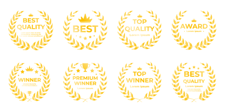 Set of golden medal icons featuring first-place award emblems, shiny victory ribbons, and premium ranking badges designed in a luxurious gold style perfect for competition graphics and achievement ill