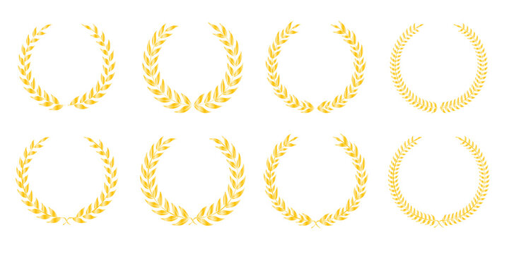Golden laurel wreath emblem with elegant leaf detailing, shining victory frame, and premium award symbolism ideal for winner logos, corporate identity designs, and prestigious certificate branding

