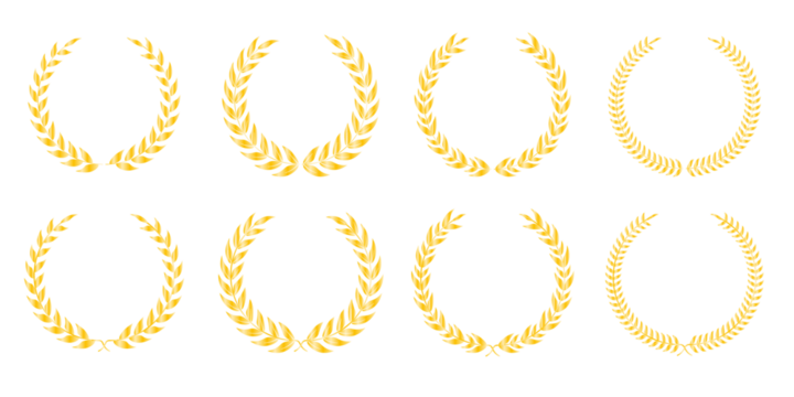 Golden laurel wreath emblem with elegant leaf detailing, shining victory frame, and premium award symbolism ideal for winner logos, corporate identity designs, and prestigious certificate branding
