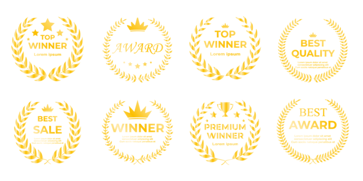 Golden sport award wreaths featuring radiant leaf crowns, top ranking symbols, and premium winner badges ideal for athletic competitions, champion recognition, and tournament branding graphics
