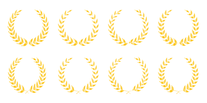 Golden sport award wreaths featuring radiant leaf crowns, top ranking symbols, and premium winner badges ideal for athletic competitions, champion recognition, and tournament branding graphics
