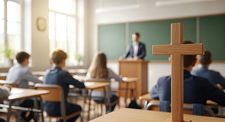 Wooden cross placed on a desk in a classroom, with students attentively listening to a teacher at the front, emphasizing the importance of faith and education in a religious context