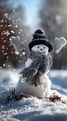 happy snowman in winter landscape