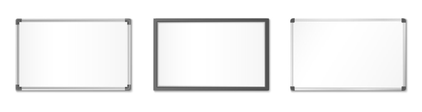 Whiteboard mockup with blank white board surface for office presentations. Realistic 3D isolated vector illustration of empty classroom flipchart with magnetic frame. Business meeting templates.
