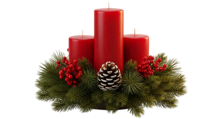 Festive Red Advent Wreath with Pinecone and Berries on Black Background christmas candle isolated on a transparent background