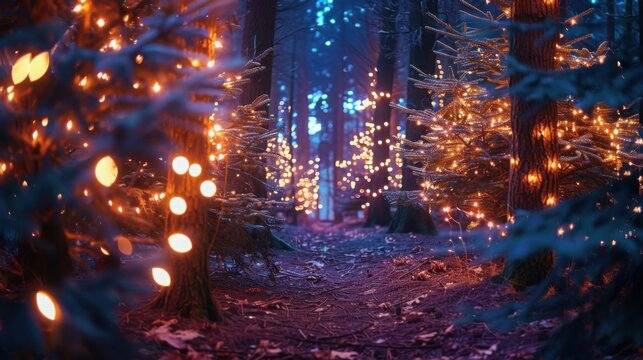 Magical forest with christmas trees and glowing lights - Powered by Adobe