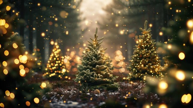 Magical forest with christmas trees and glowing lights