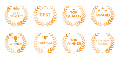 Award winner emblem collection in luxurious bronze featuring glowing laurel wreaths, bold winner text, and elegant recognition symbols suitable for certificates, promotional materials, and premium bra