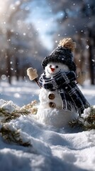 Happy snowman stands alone beneath falling snow