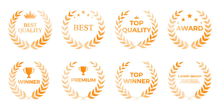 Award winner emblem collection in luxurious bronze featuring glowing laurel wreaths, bold winner text, and elegant recognition symbols suitable for certificates, promotional materials, and premium bra