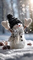 happily smiling snowman in winter wonderland