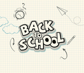 Back to School Hand Drawn Concept with Clock, Paper Plane, and Pencil on Squared Notebook Background Vector Illustration Flat Style 2d Educational Theme Design