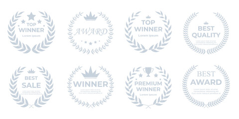 Award winner emblem collection in luxurious silver featuring radiant laurel wreaths, bold winner text, and professional recognition symbols ideal for certificates, official awards, and elite business 