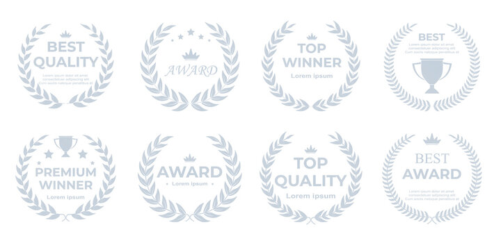 Silver laurel wreath emblem with refined metallic leaf detailing, sleek circular victory frame, and elegant award symbolism perfect for corporate identity, recognition certificates, and premium brandi