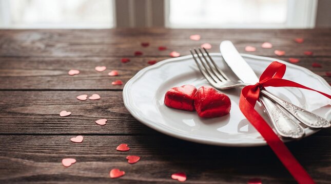 Valentine's Day Festive table setting, flat lay with two red heart shape chocolate candies on white plate, fork, knife and red ribbons on wooden table. Valentine Day, love, dating concept, copy space