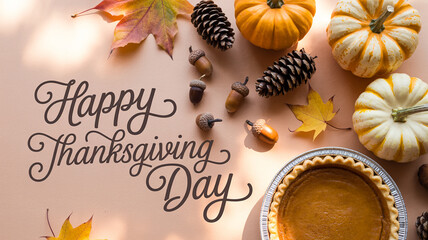 Festive Thanksgiving arrangement with pumpkins pie and autumn decorations
