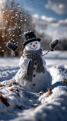 Happy Snowman Wearing Black Hat and Scarf Under Softly Falling Snow