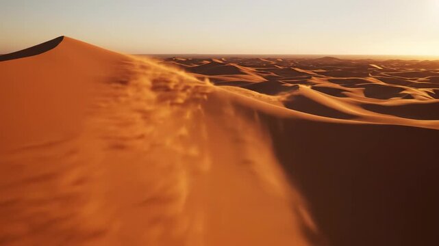 Simulated aerial drone shot panning over immense desert dunes where gentle wind waves create intricate particle patterns in the fine orange sand ripples, exploration, physical science