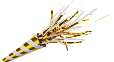 Gold and White Striped Party Blower with Tassels on Black Background noisemaker celebration isolated on a transparent background