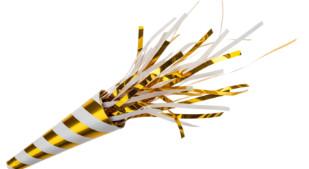 Gold and White Striped Party Blower with Tassels on Black Background noisemaker celebration isolated on a transparent background