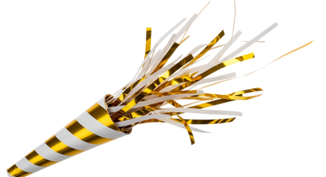 Gold and White Striped Party Blower with Tassels on Black Background noisemaker celebration isolated on a transparent background