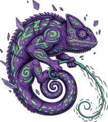 A muscular purple chameleon with green spiral tattoos shedding crystalline skin and holding its whiplike tongue.