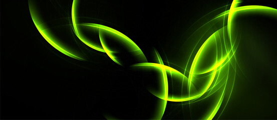 Naklejka premium Bright green lines swirl against black background. Abstract energy flows, creating dynamic visual effect. Minimalist design, modern aesthetic.