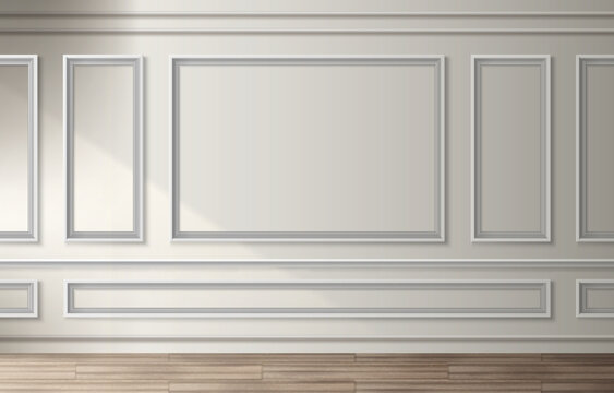 Wall panel frame classic interior with white vintage room molding - empty rectangular borders on beige surface above wood floor. Elegant architectural background for gallery or museum exhibition space