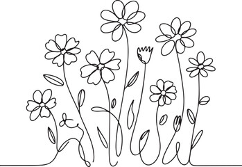 Continuous line art illustration of scattered wildflowers with stems and leaves using handmade contour